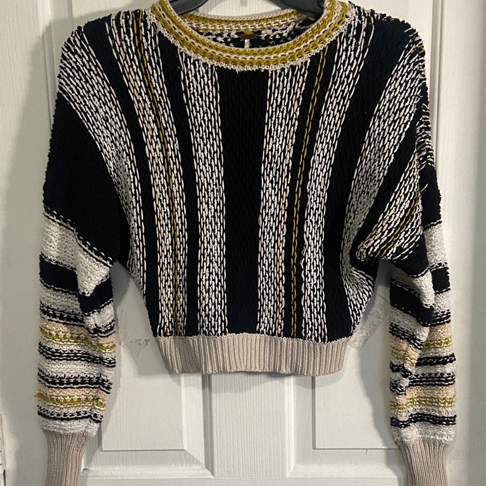 Free People Black, White & Gold Striped Crewneck Sweater